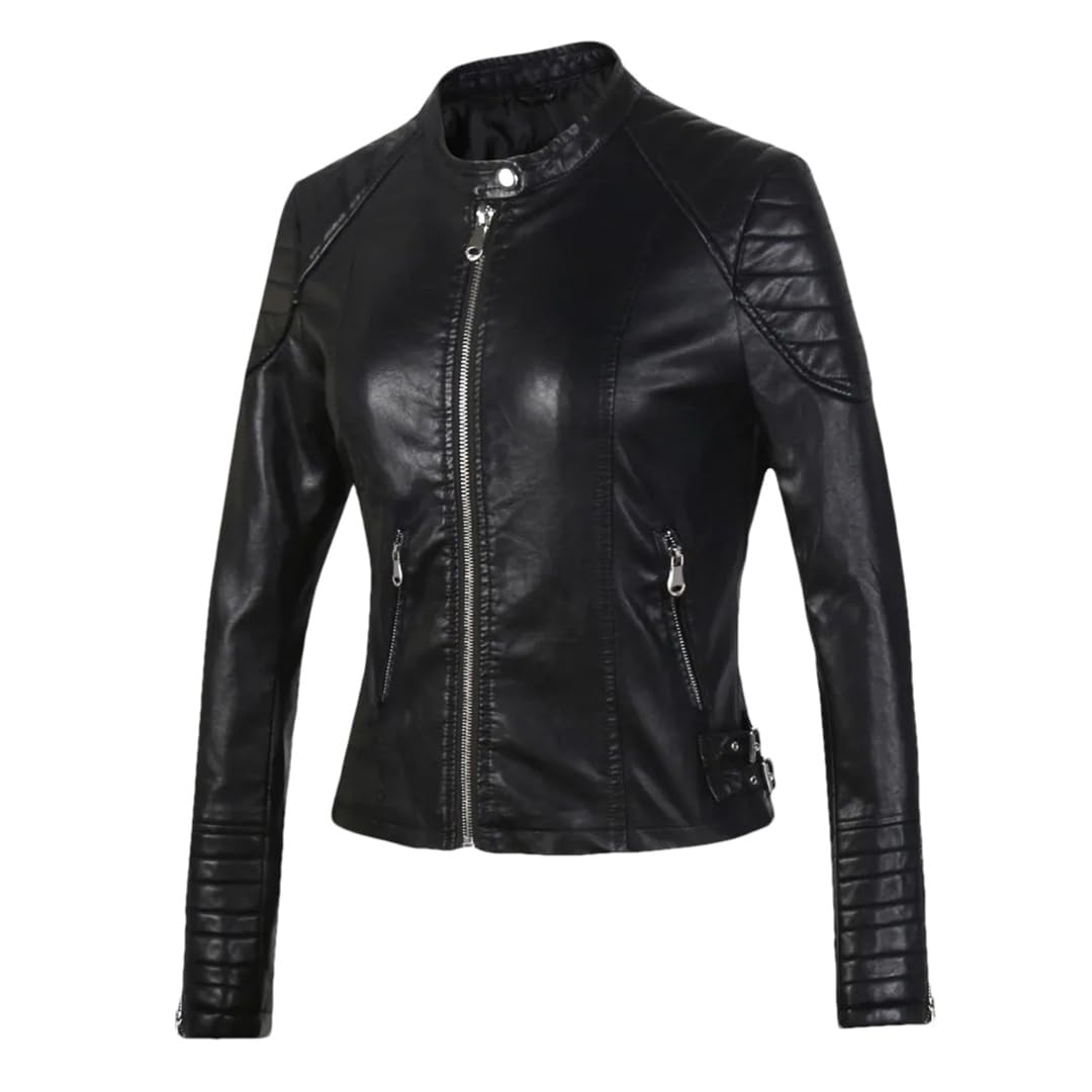 Giacca da motociclista in ecopelle con cerniera moda primavera/autunno da donna. Cappotto in pelle da moto casual