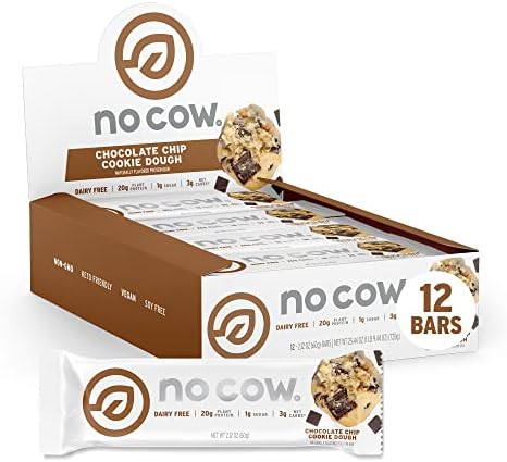 No Cow High Protein Bars, Chocolate Chip Cookie Dough, 21g Plant Based Vegan Protein, Keto Friendly, Low Sugar, Low Carb, Low Calorie, Gluten Free, Naturally Sweetened, Dairy Free, Non GMO, Kosher, 12 Pack