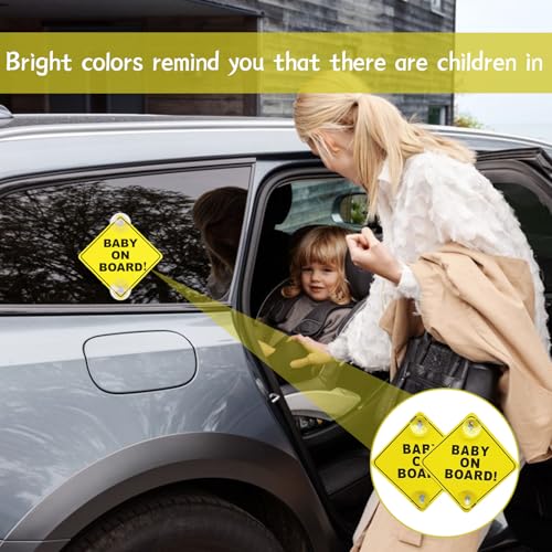2 Stück Baby an Bord Auto Warnschilder, Baby on Board Aufkleber für Auto Mit 2 Saugnäpfen, 12x12Cm Sicherheits Autoschild, Kinderautoschild, Für Autofenster Wiederverwendbar (Gelb)