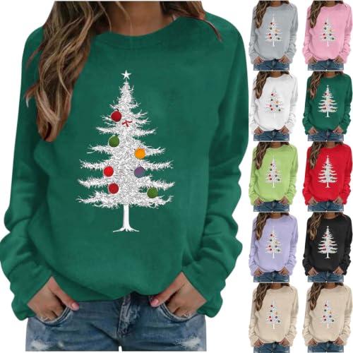 Aymnlox Womens Christmas Tree Sweatshirt Funny Graphic Crewneck Long Sleeve Holiday Pullover Festive Winter Casual Top 2026 plus size christmas blouses Army Green S - image 1