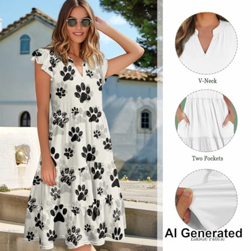 Image of Women's Casual Ruffle Sleeve Dress V Neck Pullover Dress Flowy A-Line Pleated Lightweight Dress with Pockets