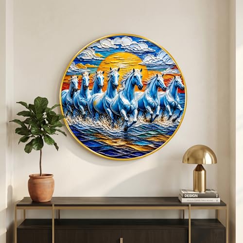 Image of SAF 7 Horse Vastu Round Wall Painting with Premium PVC Golden Frame, Blue Running Horses Sunrise Ocean Art for Living Room Office Home Decor Gift (23 x 23 Inch) GR-460