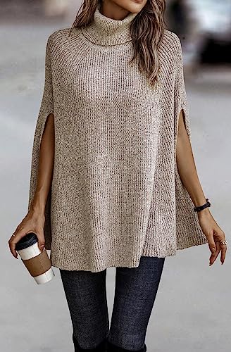 KIRUNDO Women's 2025 Fall Winter Turtleneck Poncho Sweater Fashion Chunky Knit Cape Wrap Sweaters Pullover Jumper Tops2