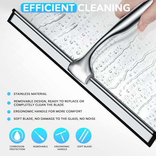 Image of All-Purpose Shower Squeegee with Adhesive Hook for Cleaning Bathroom Glass Doors Car Window Mirrors and Tile Wall, Stainless Steel Handheld Glass Water Wiper Cleaner Removal Scraper Tool (Sliver, 10 inch)