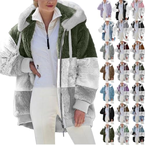 Womens Fleece Jacket Plus Size Patchwork Fluffy Sherpa Coat with Hood Winter Coats for Women Oversized Outerwear