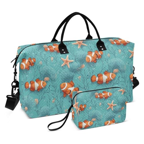 Clownfish Starfish Blue Coral Reef Large Travel Duffle Bag Weekender Overnight Bags Gym Yoga Bag for Women Men with Toiletry Bag
