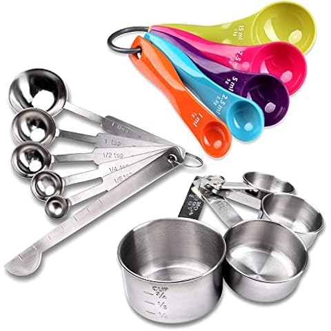 Schramm® 2er Set Messlöffel und Messbecher 10-tlg. und 5-tlg. Messlöffel-Set aus rostfreiem Edelstahl mit Messlineal und Kunststoff stapelbar Dosierlöffel Kochen Backen Dosieren Dosierhilfe Cover