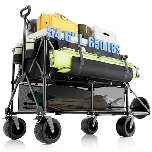Hombetta 400L Folding Double Decker Wagon, 560LBS Heavy Duty Utility Cart with Brakes, Wagon Cart with Wheels Foldable, All-Terrain Big Wheels for Camping, Beach, Picnic, Outdoor Use, Black