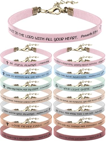 Image of Sureio 15 Pcs Christian Gift Bracelets for Women Men Inspirational Leather Religious Bible Verse God Faith Scripture Bracelet