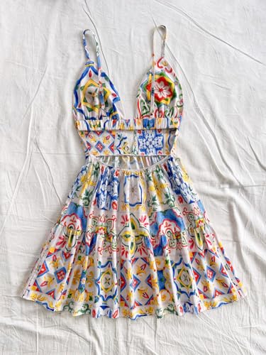 Floerns Women's Boho Floral Print Mini Dresses Cut Out V Neck Tiered Summer Cami Dresses2