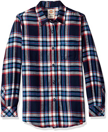 Dickies Girls' Big Long Sleeve Flannel Shirt, Black Iris/Texas Topaz Plaid, S
