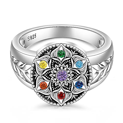 Mandala Chakra Ring Yoga Lotus Flower Rings for Women Sterling Silver Healing Crystal 7 Chakra Balance Jewelry Gifts2