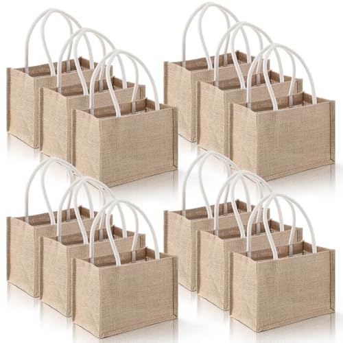 Oqqlin 12 Pcs Burlap Tote Bag Bulk 9.1 x 5.1 x 6.3 Inch Mini Jute Tote Bags Reusable DIY Blank Shopping Bags with Handles for Weddings Birthdays Parties Beaches Gifts