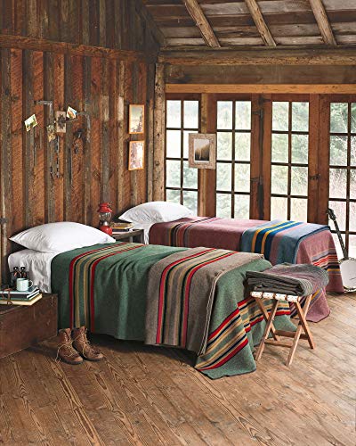 Pendleton Yakima Camp Thick Warm Wool Indoor Outdoor Striped Throw Blanket, Green Heather, Queen Size #TOP1