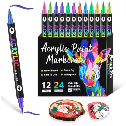 cuhostki Acrylic Paint Pens Brush Tip, 24 Colours Dual Tip Acrylic Pens, Graphic Pen for Drawing for Rock Painting Wood Pebbles Glass Ceramic Stones Fabric Canvas Craft Waterproof Brush Pen