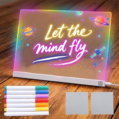 Led Drawing Board for Children - LED Magic Board with 7 Colors Pen and Rag 30 * 20CM 7-Color Neon Glow Memo Light-Up Message Note Board with Stand as Night Light (White Base)