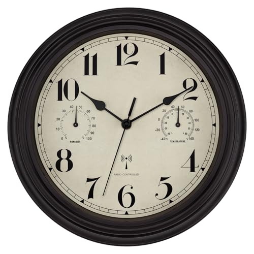 Foxtop Horloge Murale Radio-pilotée Extérieure Étanche avec Thermomètre & Hygromètre - Design Vintage Silencieux sans Tic-Tac 30 cm pour Jardin, Salle de...