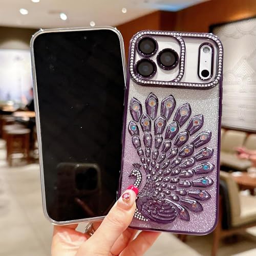 Image of mobistyle Designed for iPhone 17 Pro,3D Diamond Luxury Electroplate Glitter Peacock Tail Bling Design Camera Protection Shockproof Phone Back Cover Case for (Purple, iPhone 17 Pro)