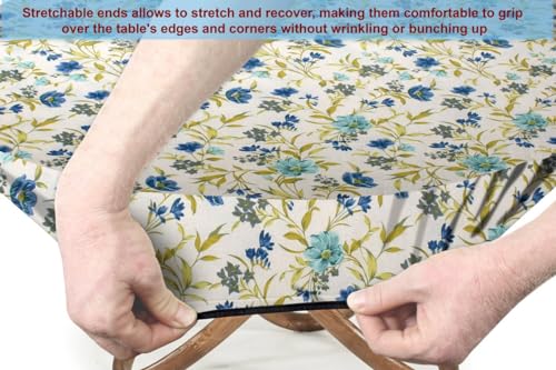 Image of The Furnishing Tree Elastic Cotton Round Dining Table Cover 40x40 in Inches Floral Blue Leaf on offwhite Base