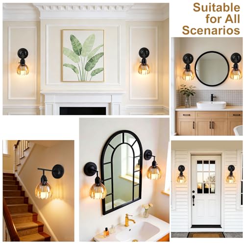 Image of Vintage Wall Sconces with Cute Amber Tulip Glass Lampshade, Black Wall Sconces Hradwired Modern Wall Lighting Fixture with Switch for Bedside Bedroom Living Room Wall Decor