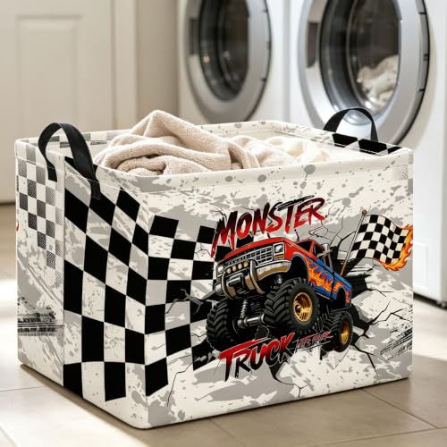 Image of Rectangle Storage Basket with Handles,Collapsible Storage Bin,Books Box,Gift Basket(Black Race Car)