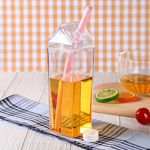 Fansisco Milk Carton Water Bottle, 17Oz Square Water Bottle With Silicone Straws & Cleaning Brushe Cup Brushe And 12 Cute Stickers For Outdoor Sports Travel Camping ( 500 Ml ) (1 Pack) #TOP4