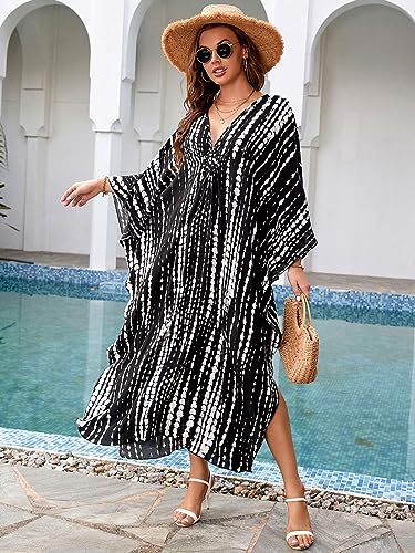Image of sunforyou Kaftan Dresses for Women Plus Size Lightweight Swimsuit Cover up Batwing Sleeve Print Loungewear Beach Robe