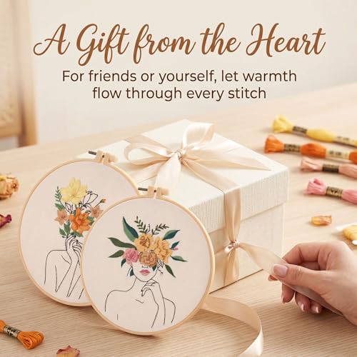 Image of Harimau Adult Beginner Embroidery Starter Kit, Complete Set with 4 Patterns, 2 Hoops, Needles, Scissors, Instruction Guide & Stitching Video Tutorials