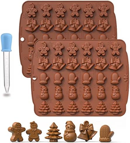 Christmas Candy Silicone 3D Mould,gingerbread man, bells, gloves, snowman, christmas tree 30 Cavity candy mold, for Christmas Party, Ice Cubes, Chocolate, Jelly, Candy.(2-pack of molds + 1 droppers)