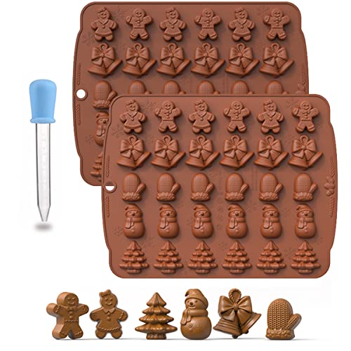 Christmas Candy Silicone 3D Mould,Gingerbread Man, Bells, Gloves, Snowman, Christmas Tree 30 Cavity Candy Mold, For Christmas Party, Ice Cubes, Chocolate, Jelly, Candy.(2-Pack Of Molds + 1 Droppers) #TOP3