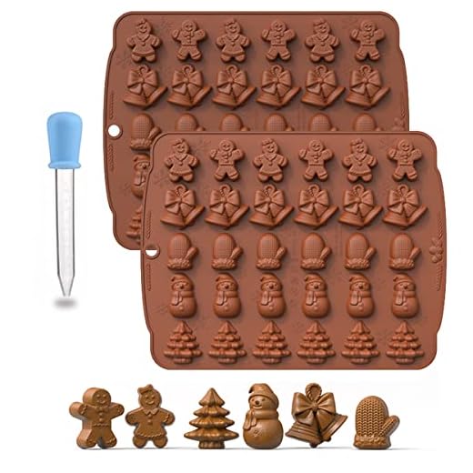 Christmas Candy Silicone 3D Mould,gingerbread man, bells, gloves, snowman, christmas tree 30 Cavity candy mold, for Christmas Party, Ice Cubes, Chocolate, Jelly, Candy.(2-pack of molds + 1 droppers)