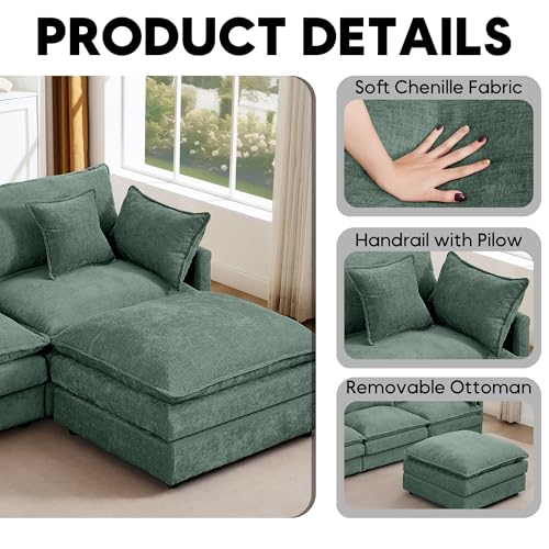 Image of 102 inch L Shaped Modular Sectional Sofa, Comfy Upholstery Chenille Cloud Couch with Ottoman, Modern 4-Seat Deep Seat Sofa with Pillow for Living Room, Bedroom, Apartment, Sage Green
