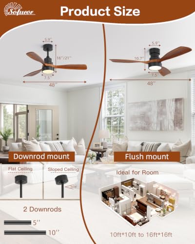 Image of Sofucor 48 Inch Wood Ceiling Fans with Lights, Flush /Downrod Mount, Brown
