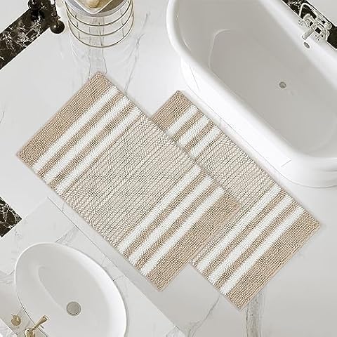 Starryle Bathroom Rugs Set 2 Piece, Extra Soft and Absorbent Fluffy Striped Chenille Bath Mat Rug Set, Non Slip Bathroom Floor Mat, Machine Washable (20" x 32" Plus 20" x 32", Khaki) Cover