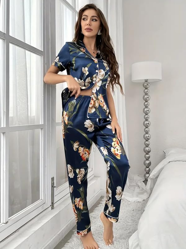 Image of Night Suit for Women with Full Sleeve Button-Down Top with Pant Dress for Woman, Cotton Night Dress for Woman, Two-Piece Loungewear Set