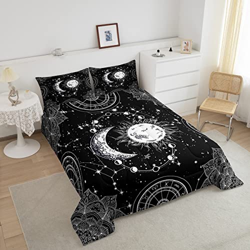 Sun And Moon Bedding Set Constellation Galaxy Comforter For Kids Boys Girls Teens Psychedelic Boho Mandala Comforter Breathable Celestial Duvet Set Black White Room Decor Quilt Cover Twin Size #TOP2