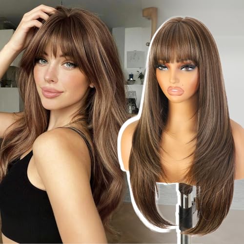 ENTRANCED STYLES Long Mixed Brown Wig with Bangs 26Inch Straight