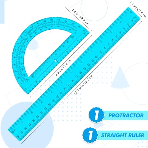 zonon 2 pack 123939 plastic ruler and 63939 plastic protractor set clear ruler protractor set math geometry supplies for school classroom home office drawingblue