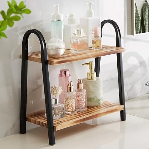 Goporcelain Bathroom Organizer, 2 Tier Wood Shelf, Countertop Organizer for Skincare, Kitchen Sink Cover