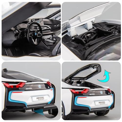 Image of Invite Enterprise 1:24 Diecast Model Alloy Bmw I8 Metal Pull Back Car With Sound & Light,4 Openable Doors,Toy Vehicles For Kids Gift[B M W I8-White]