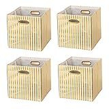 BAIST Fabric Storage Cubes,Gold Big Collapsible Linen Bed Storage Baskets Bins Organizers for Playroom Books Toys White Gold Stripe,4-Pack