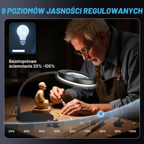 Akynite 12X Szkło Powiększające ze Światłem do Stołu, W zestawie 2A Adapter, 5 Trybów Kolorów 9 Poziomów Jasności, Szkło
