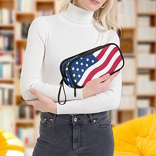 Image of USA American Flag Pencil Case Box Boys Girls Large Pencil Pouch Zipper Compartments Big Capacity Stationery Pen Bag Organizer for Kids Teens Adults School