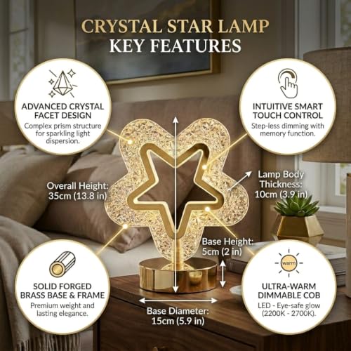 Image of Crystal Star LED Table Lamp - Aesthetic Warm White Night Light, Decorative Bedside Lamp with Golden Metal Base for Bedroom, Living Room, Home Decor & Gifting