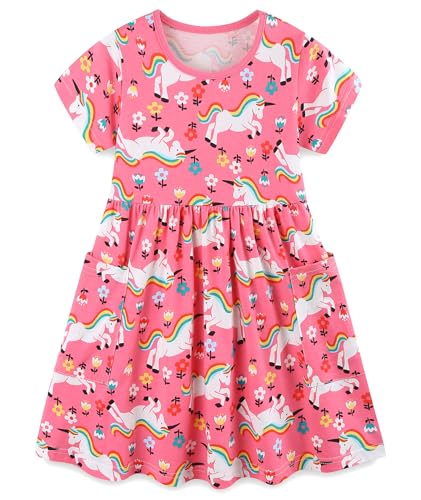 Bumeex Little Girls Dresses Easter Cotton Spring Summer Clothes Kids Short Sleeve Flare Dress Sundress Clothing Outfits with Pockets Vestido para Nia Pink Unicorn 6-7 Years