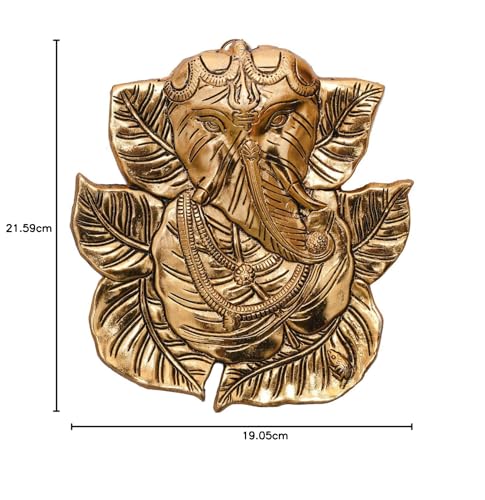 Image of Collectible India Ganesha Metal Wall Hanging Statue Idol Ganesh Gold Finish Sculpture - Fengshui Vastu Good Luck Diwali Decoration Item (Size 8.5 x 7.5 Inches)