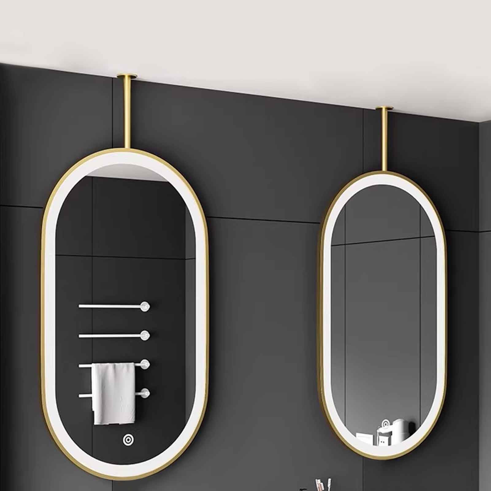 Złote owalne lustro z oświetleniem LED, oświetlenie sufitowe, do łazienki lub korytarza - 3 kolory ściemniania (50 cm x 60 cm)