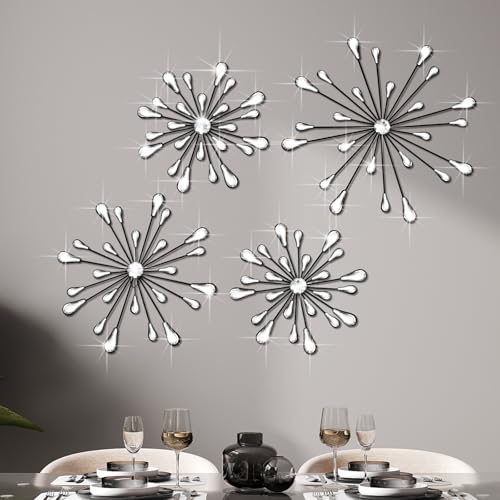 Hicarer 4 Pcs Starburst Wall Decor Bling Wall Art Crystal Teardrop 3D Hanging Rhinestone Radial Metal Artwork Modern Accent Sculptures Decorations for Living Room Home Office Bedroom(Black)