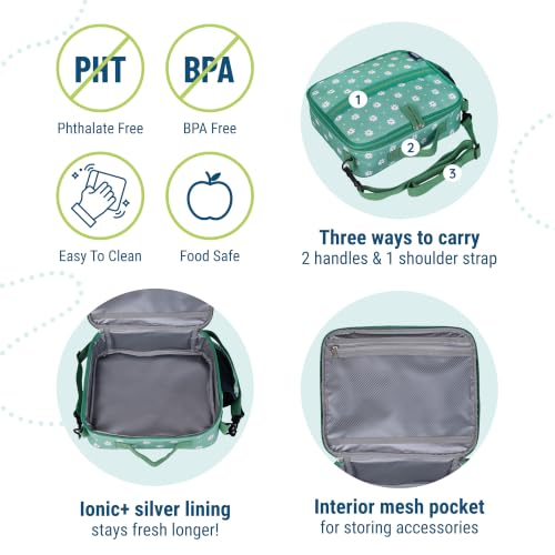 Image of Wildkin ECO rPET Insulated Lunch Box for Kids, Daisy | 11 x 9.5 x 3.5 in insulated rPET lunch box with bottle pocket, interior mesh pocket and removable shoulder strap.