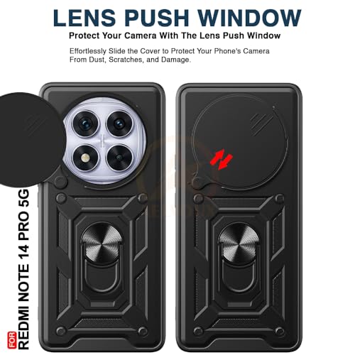 Image of Armor Bumper Back Cover Case for Redmi Note 14 Pro 5G Rotating Camera Cover, Ring Holder & Kickstand | Heavy Duty & 360 Degree Protection Redmi Note 14 Pro 5G Back Cover (Black)